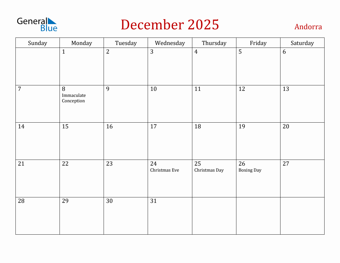 December 2025 Andorra Monthly Calendar with Holidays