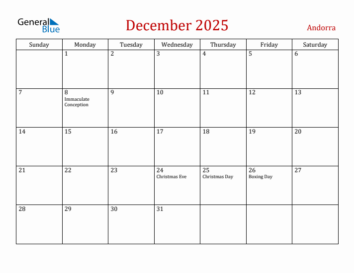 Andorra December 2025 Calendar - Sunday Start
