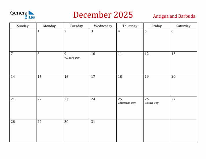 Antigua and Barbuda December 2025 Calendar - Sunday Start