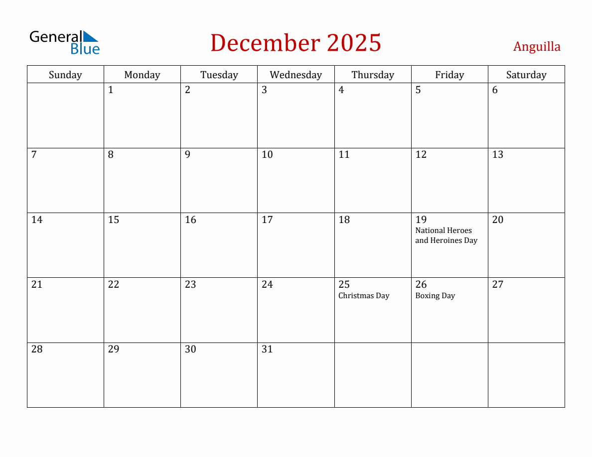 December 2025 Anguilla Monthly Calendar with Holidays