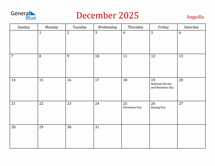Anguilla December 2025 Calendar - Sunday Start