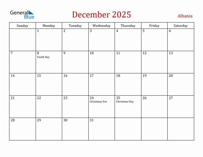 Albania December 2025 Calendar - Sunday Start