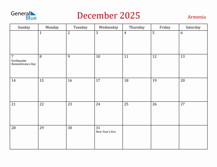 Armenia December 2025 Calendar - Sunday Start