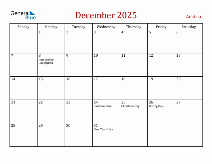 Austria December 2025 Calendar - Sunday Start