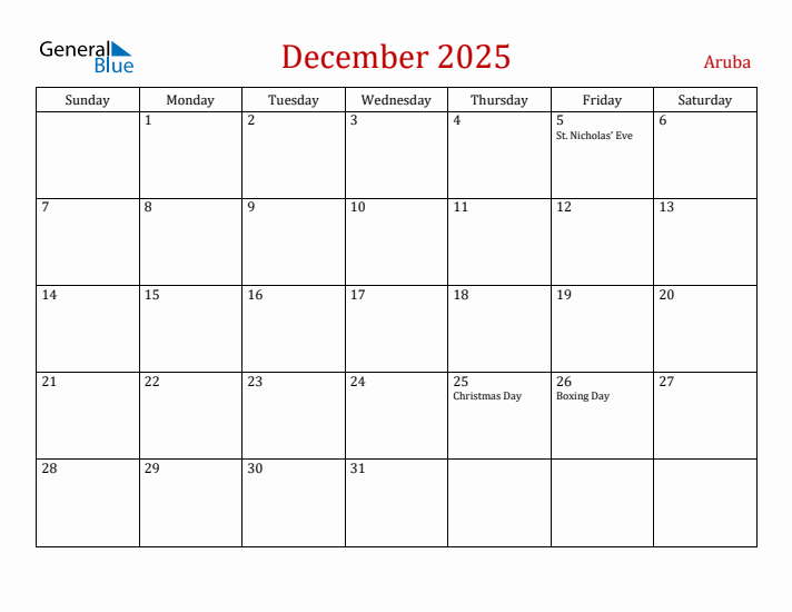 Aruba December 2025 Calendar - Sunday Start