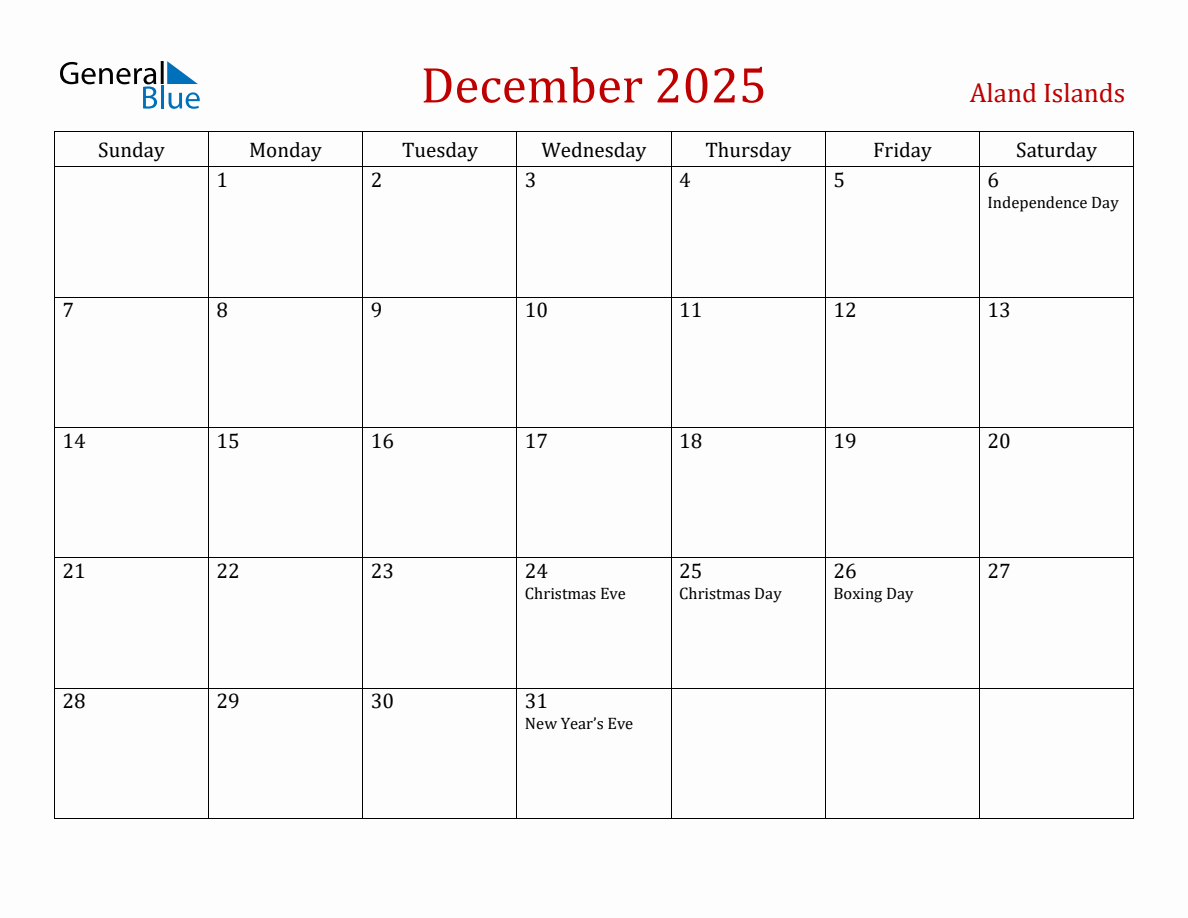 December 2025 Aland Islands Monthly Calendar with Holidays