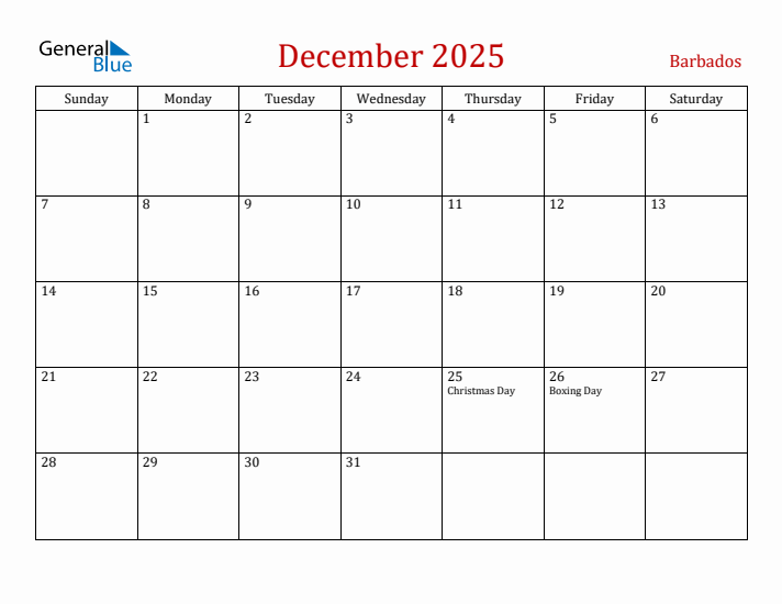 Barbados December 2025 Calendar - Sunday Start