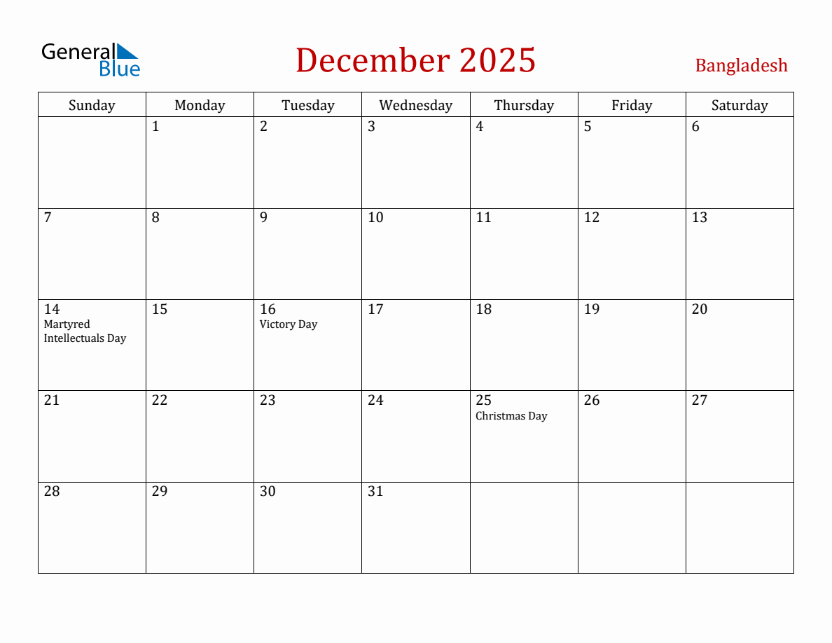 December 2025 Bangladesh Monthly Calendar with Holidays