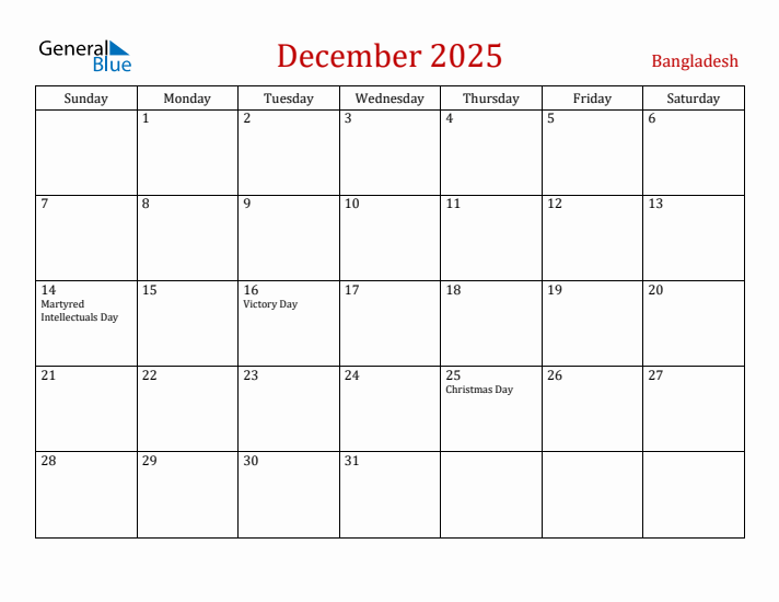 Bangladesh December 2025 Calendar - Sunday Start
