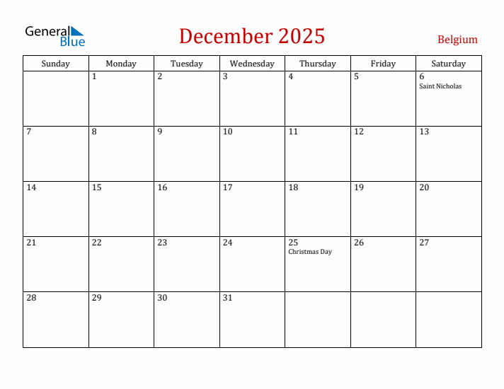Belgium December 2025 Calendar - Sunday Start
