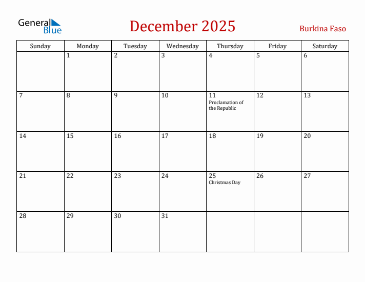Burkina Faso December 2025 Calendar - Sunday Start