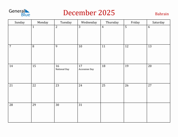 Bahrain December 2025 Calendar - Sunday Start