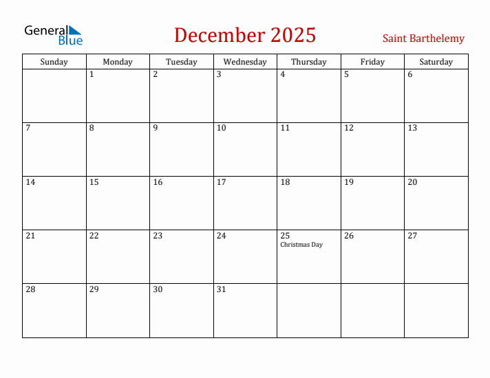 Saint Barthelemy December 2025 Calendar - Sunday Start