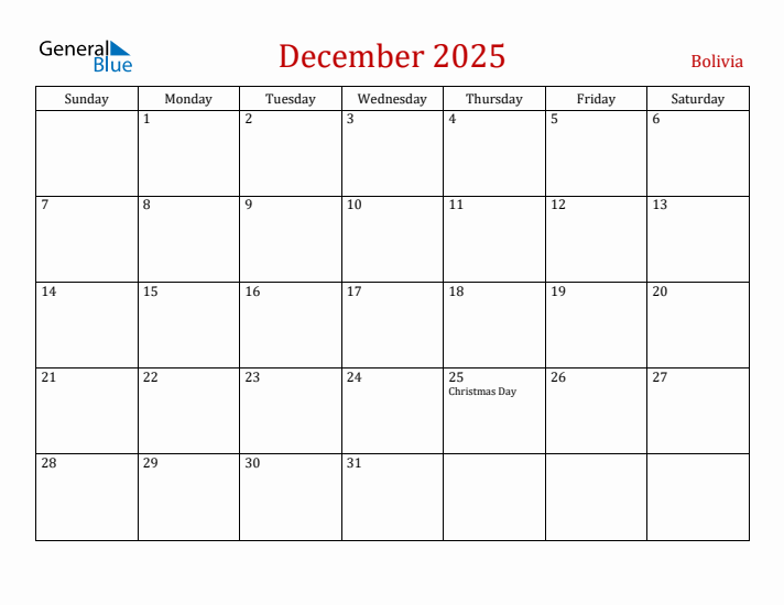 Bolivia December 2025 Calendar - Sunday Start