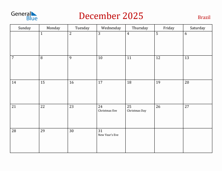Brazil December 2025 Calendar - Sunday Start
