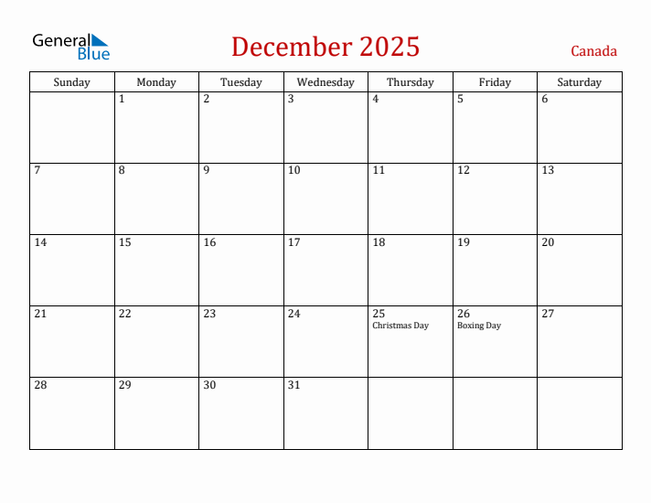 Canada December 2025 Calendar - Sunday Start