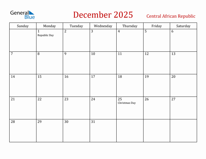 Central African Republic December 2025 Calendar - Sunday Start