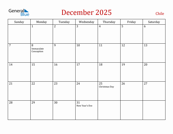 Chile December 2025 Calendar - Sunday Start