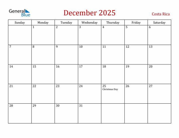 Costa Rica December 2025 Calendar - Sunday Start