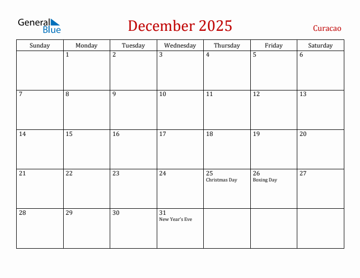 Curacao December 2025 Calendar - Sunday Start