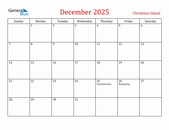 Christmas Island December 2025 Calendar - Sunday Start