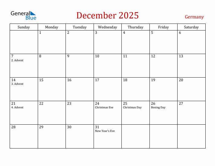 Germany December 2025 Calendar - Sunday Start