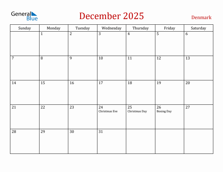 Denmark December 2025 Calendar - Sunday Start