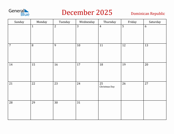 Dominican Republic December 2025 Calendar - Sunday Start