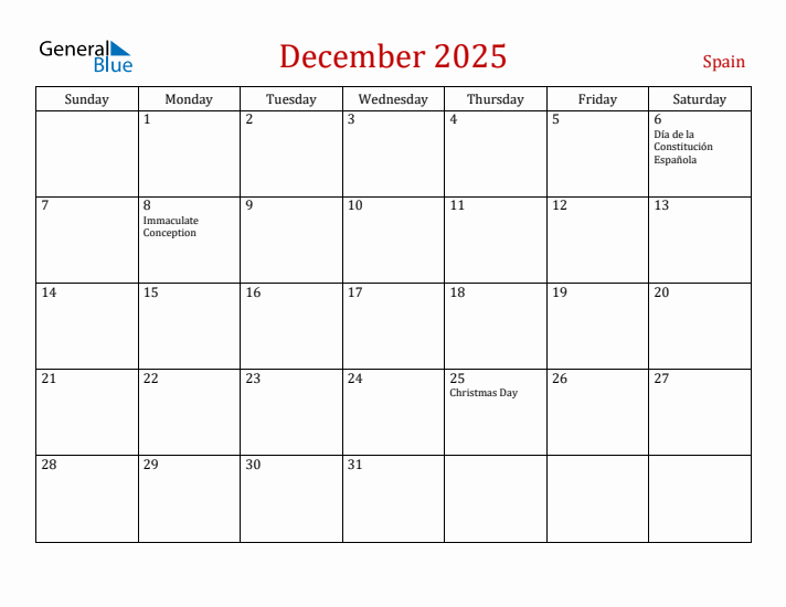 Spain December 2025 Calendar - Sunday Start