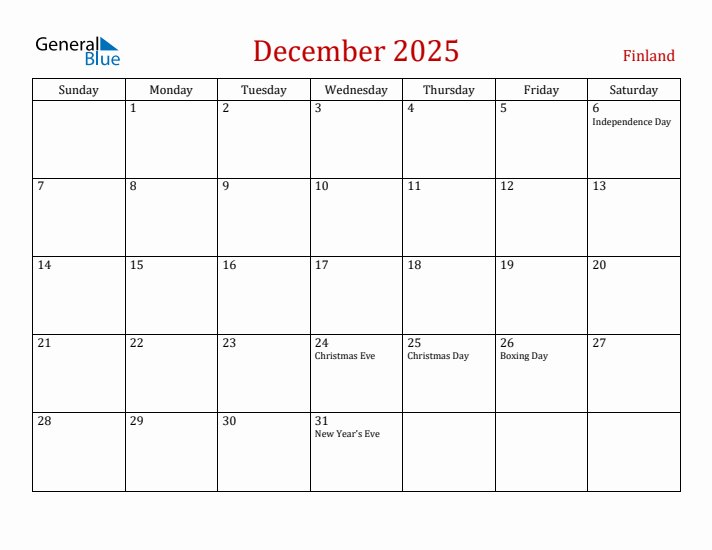 Finland December 2025 Calendar - Sunday Start