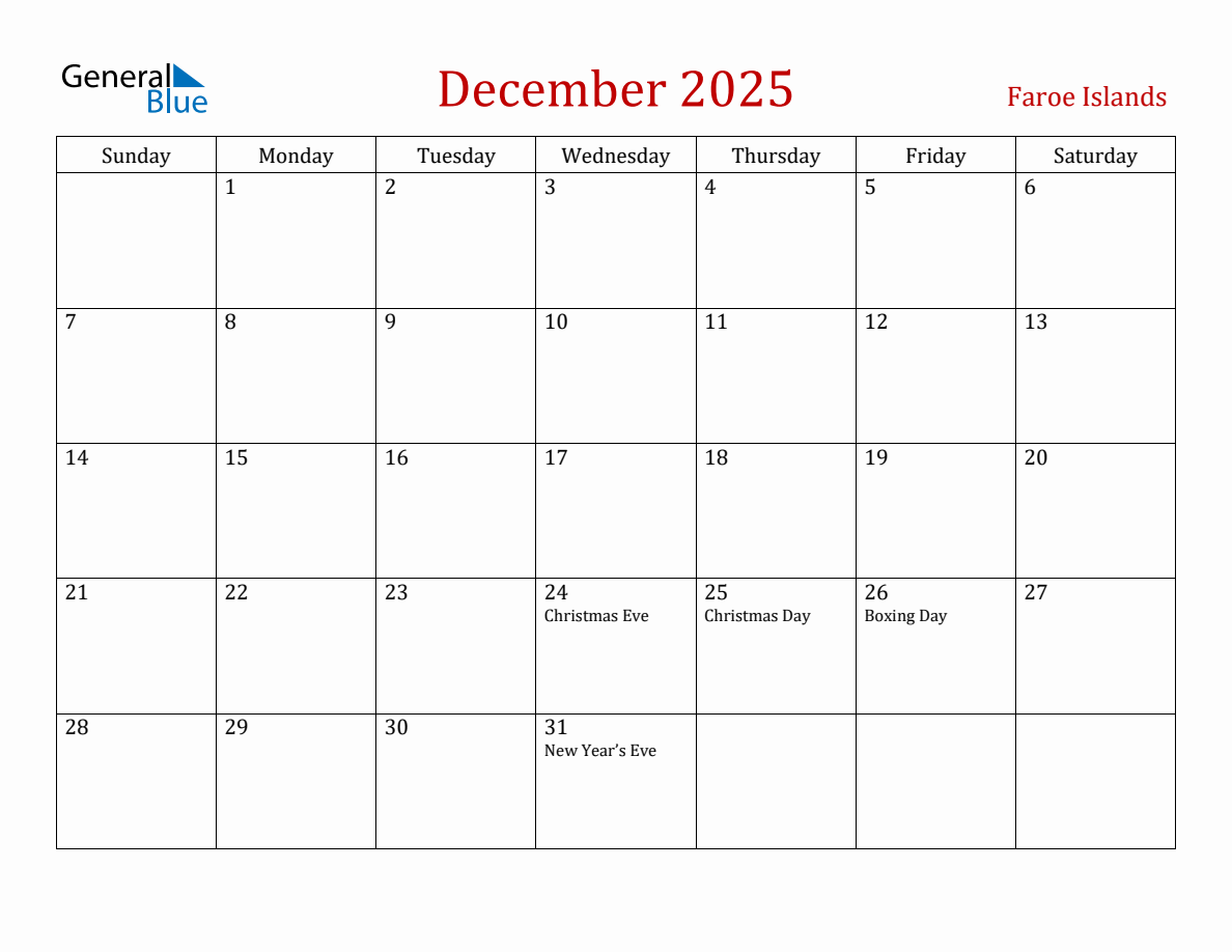 December 2025 Faroe Islands Monthly Calendar with Holidays