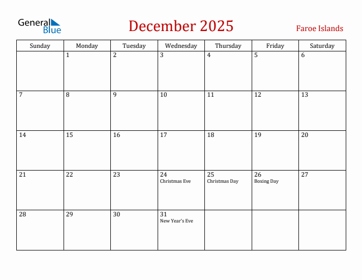 Faroe Islands December 2025 Calendar - Sunday Start