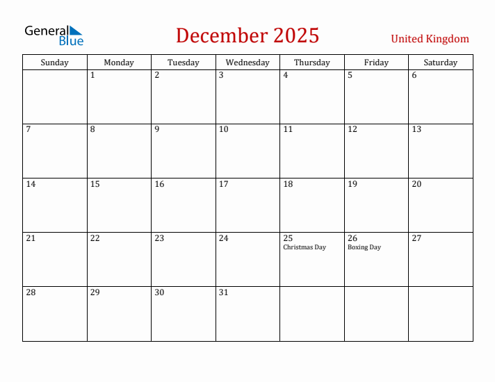 United Kingdom December 2025 Calendar - Sunday Start