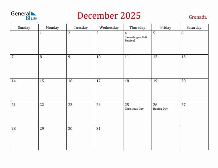 Grenada December 2025 Calendar - Sunday Start