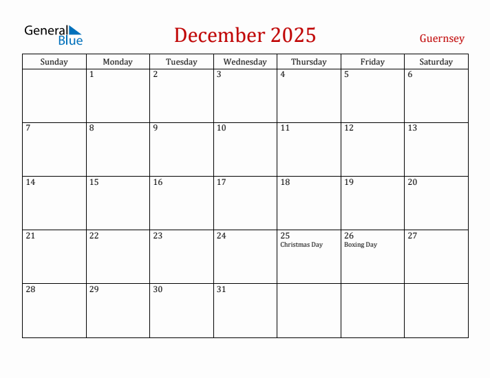 Guernsey December 2025 Calendar - Sunday Start