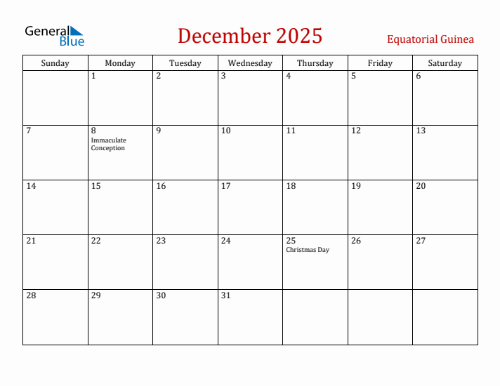 Equatorial Guinea December 2025 Calendar - Sunday Start