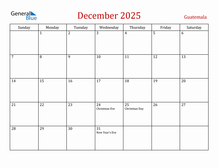 Guatemala December 2025 Calendar - Sunday Start
