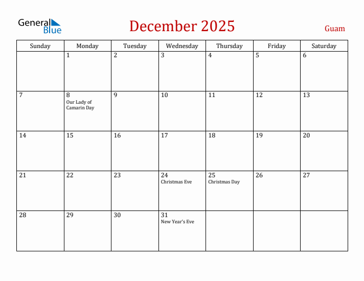 Guam December 2025 Calendar - Sunday Start