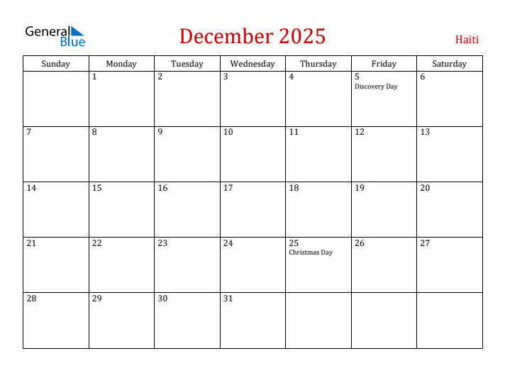 Haiti December 2025 Calendar - Sunday Start
