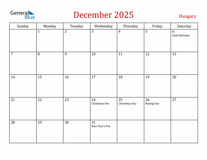 Hungary December 2025 Calendar - Sunday Start