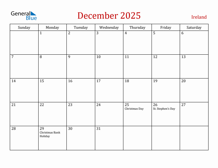 Ireland December 2025 Calendar - Sunday Start
