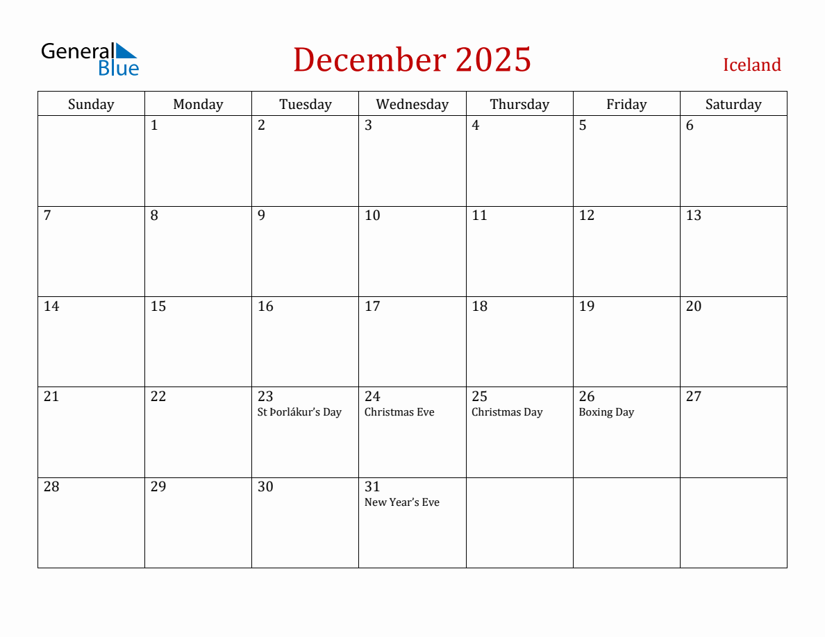 December 2025 Iceland Monthly Calendar with Holidays