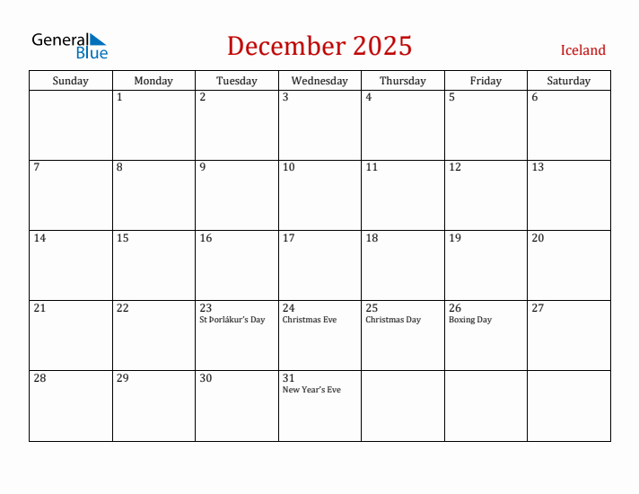 Iceland December 2025 Calendar - Sunday Start