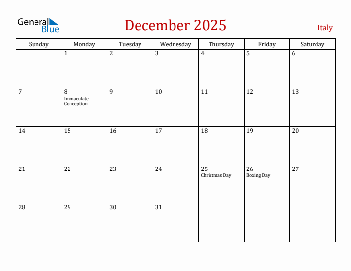 Italy December 2025 Calendar - Sunday Start