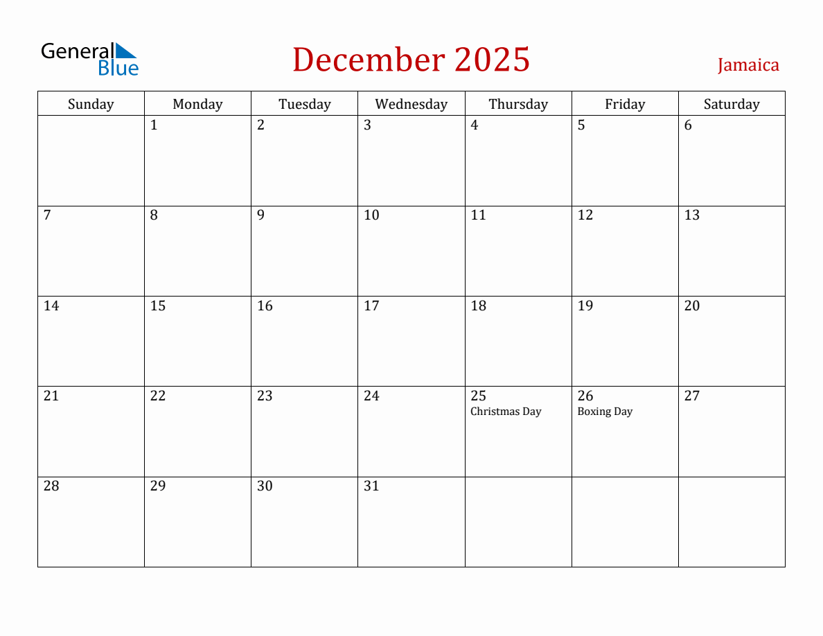 December 2025 Jamaica Monthly Calendar with Holidays