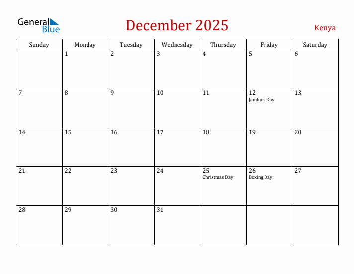 Kenya December 2025 Calendar - Sunday Start
