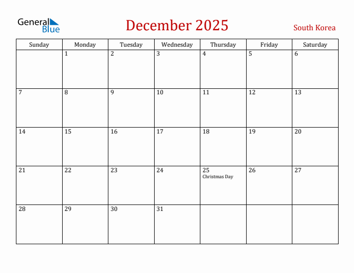 South Korea December 2025 Calendar - Sunday Start