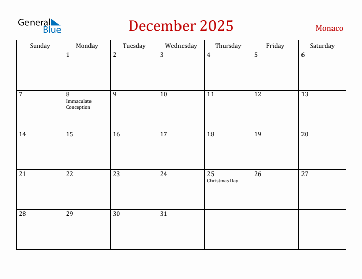 Monaco December 2025 Calendar - Sunday Start
