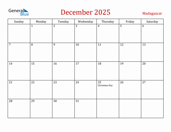 Madagascar December 2025 Calendar - Sunday Start