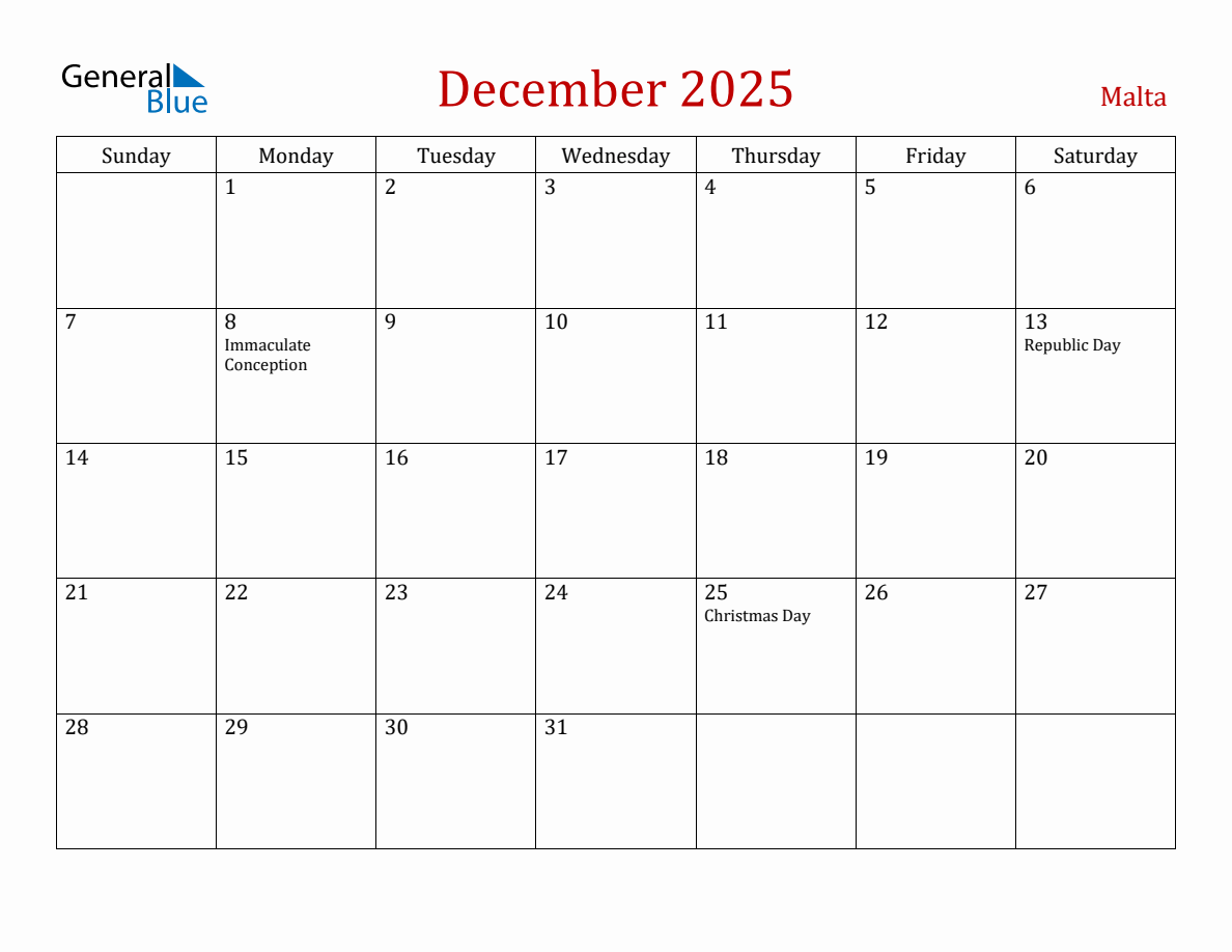 December 2025 Malta Monthly Calendar with Holidays